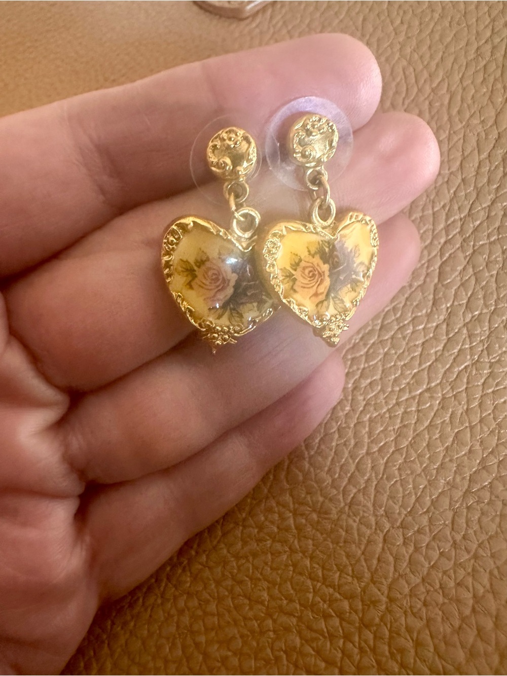 Vintage Gold Heart Floral Drop Earrings - Unbranded
